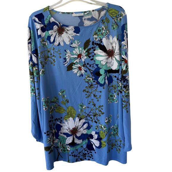 Susan Graver Liquid Knit Blue Floral beaded top size XL - Picture 1 of 9